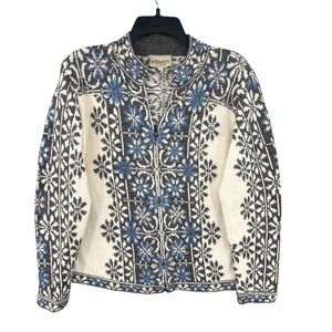 Intiwara Alpaca Nordic Cardigan Size M Blue Cream Hand Knit Full Zip Bolivia